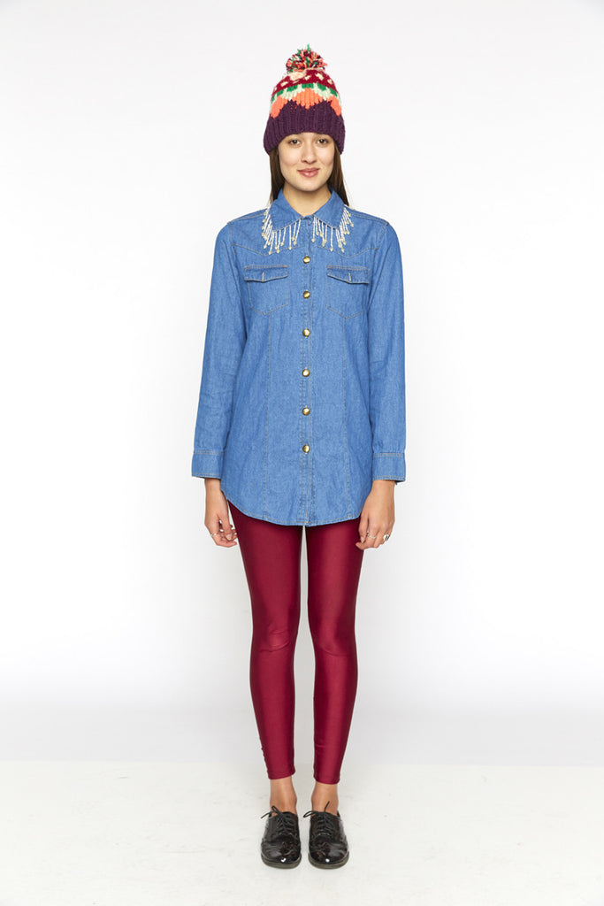 Pearl Embellished Collar Denim Shirt